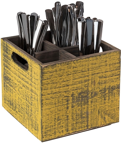 Table Caddy -VINTAGE- 17 x 17 cm, H: 16 cm Holz, gelb unterteilt in 4 Fächer Fachgröße je 7 x 7 cm Unterteilung herausnehmbar