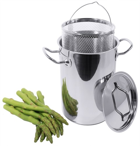 Spargelkochtopf , hohe Ausführung ganz aus Edelstahl, seidenmatt gebürstet mit hochglänzendem Rand, komplett mit Einsatz und