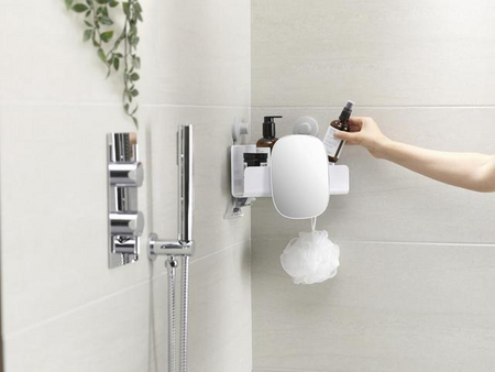 Joseph Joseph EasyStore Eck-Duschablage mit abnehmbaren Spiegel – Weiß