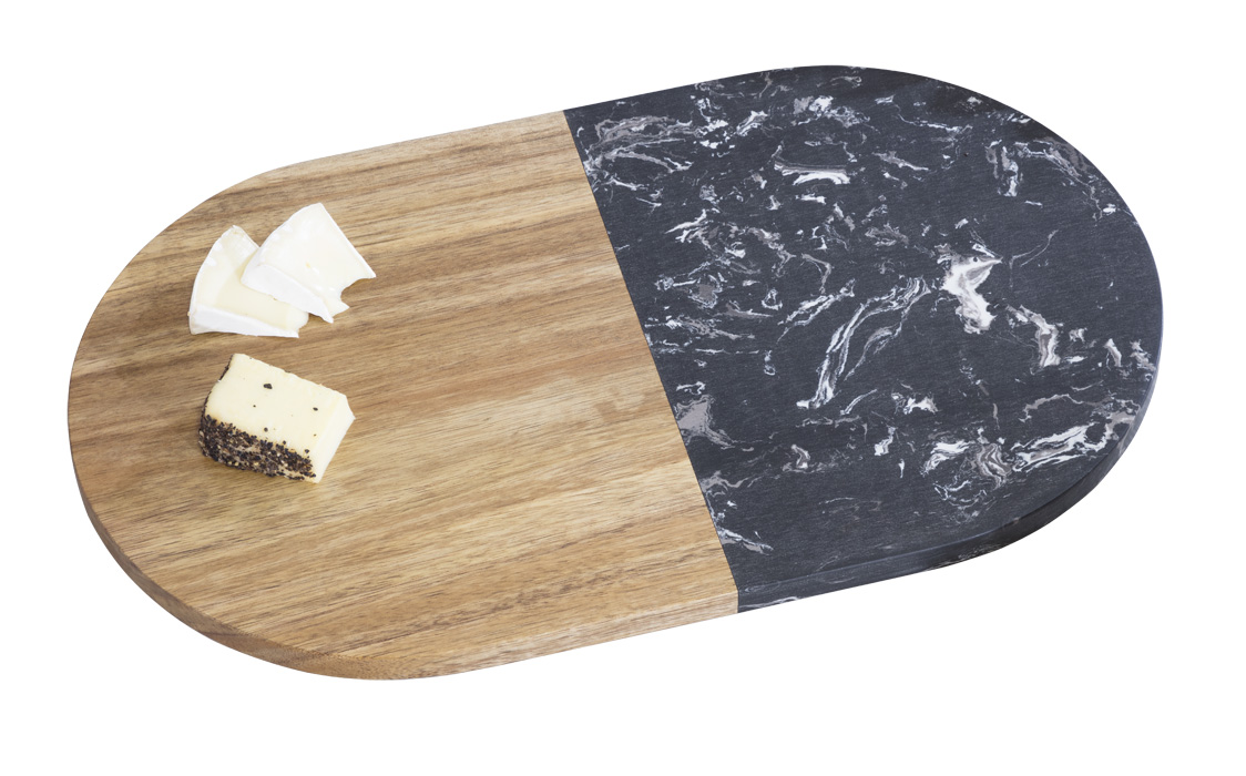 Schneidbrett ROMA aus Akazienholz und schwarzer Einlage in Marmoroptik, ovale Form, Maße: ca. 37 x 22 x 1,2 cm, Gewicht ca. 1.300 gr,