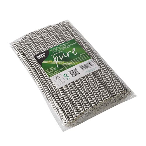 100 Trinkhalme, Papier Ø 6 mm · 20 cm schwarz/weiss "Zig-Zag" von PAPSTAR