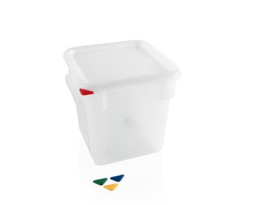 Vorratsbehälter . Polypropylen. mit Stapelrand, Deckel und farbigen HACCP Clips, mit