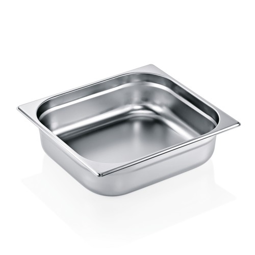 GN 2/3 Behälter, Materialstärke 0,7 mm. Material: Chromnickelstahl 18/8. Serie: GN 90. Inhalt in Litern: 8,5. Maße: Höhe: 100 mm