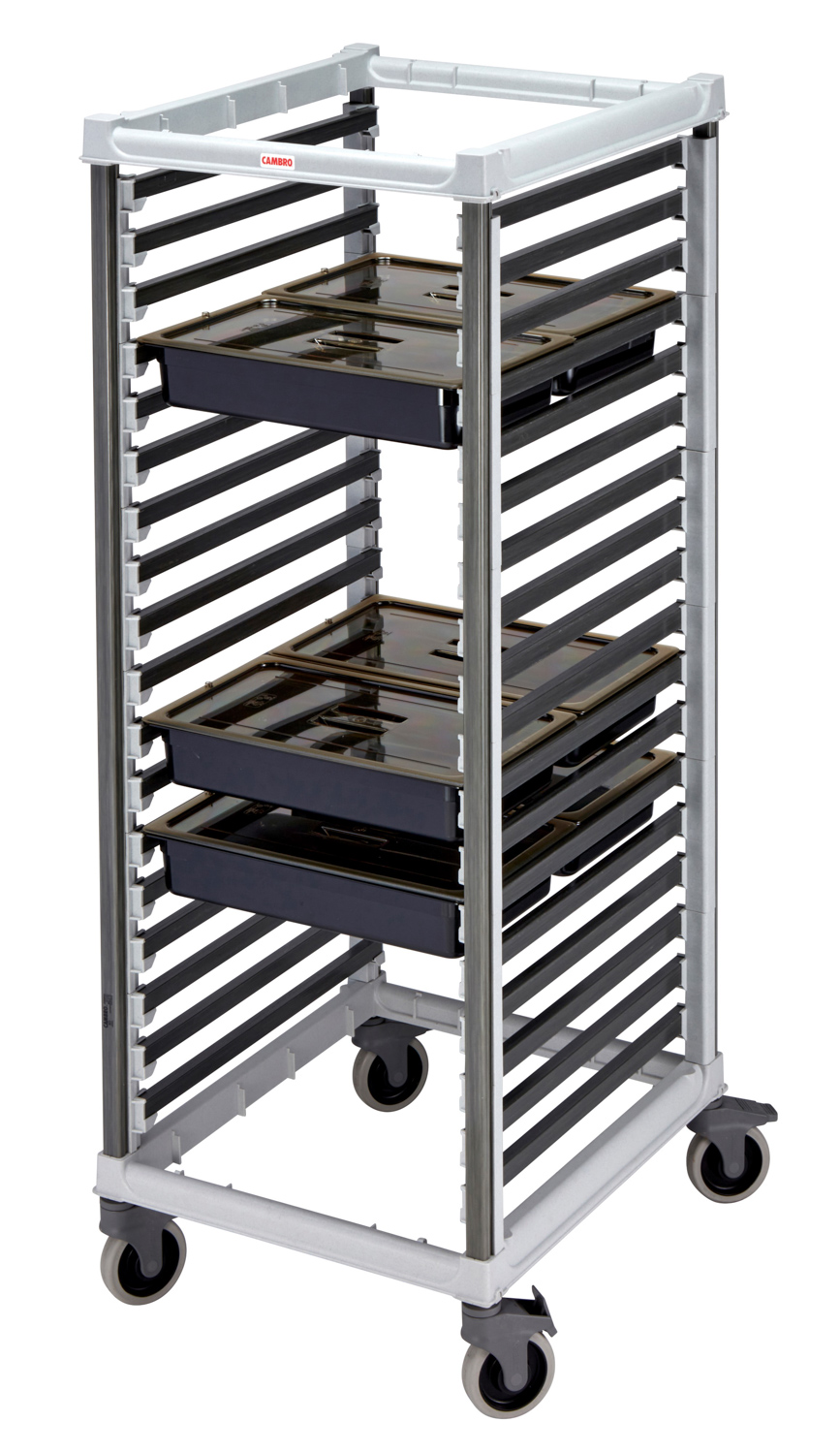 CAMBRO Camshelving® GN 2/1 Speiseschalenregal mit 18 GN 2/1 Einschüben unmontiert, grau, Quer-Einschub