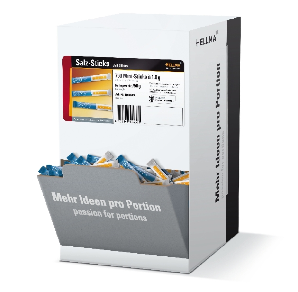 Salz in hygienischer Portionspackung, 750 Sticks. Ca. 1 g Salz pro Stick. Sehr lange haltbar.