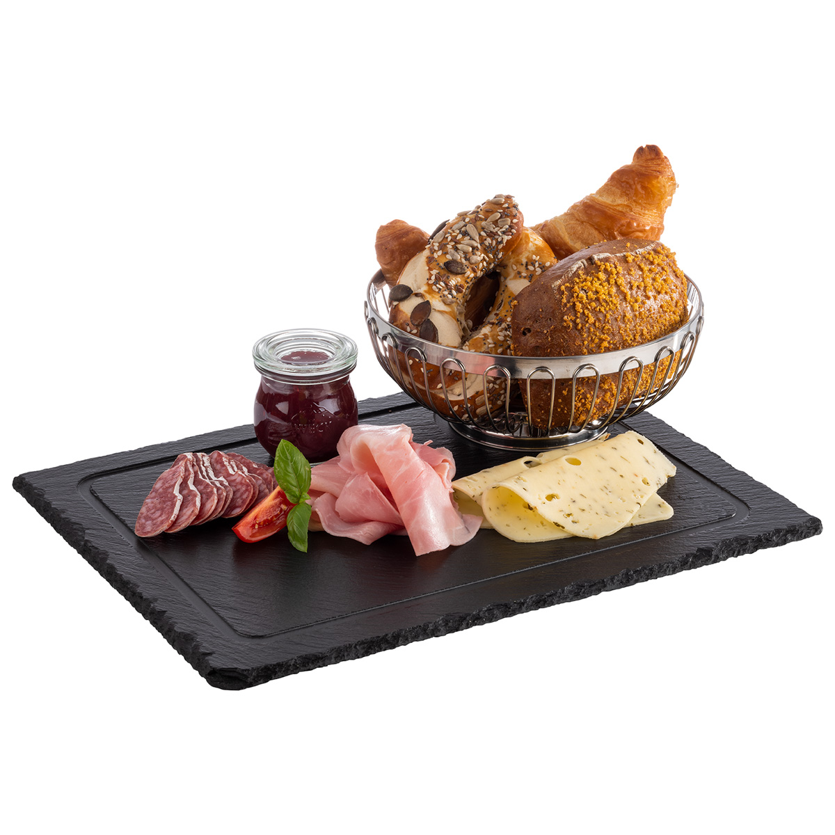 Naturschieferplatte, 33 x 24 cm, Materialstärke 6-9 mm, schonende Füßchen, glänzende, versiegelte, Oberfläche, Saftrinne, Ø 9,5 cm