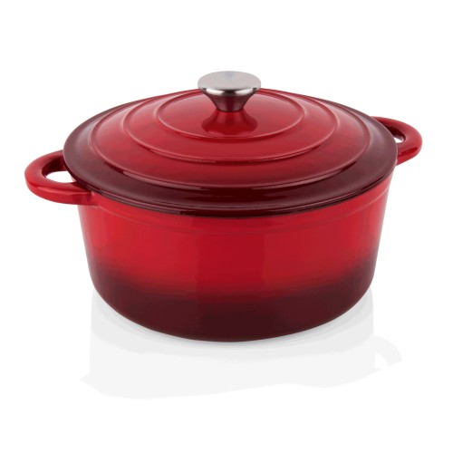 Topf, Emailliert, Deckel mit Edelstahlgriff. Material: Edelstahl, Gusseisen. Inhalt in Litern: 2,6. Durchmesser: 22 cm. Maße: Höhe: 95 mm