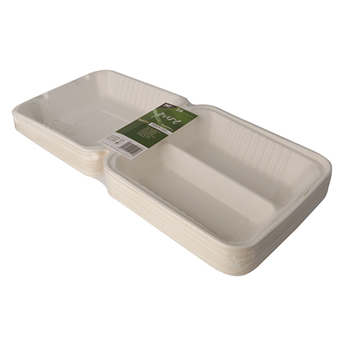 PAPSTAR 25 Menüboxen, Zuckerrohr "pure" 2-geteilt 7,7 cm x 20 cm x 22 cm weiss