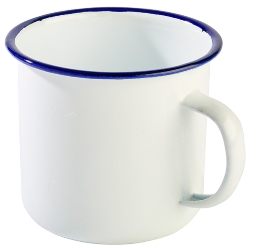 Henkelbecher -ENAMELWARE- Ø 10 cm, H: 9 cm, 0,5 Liter emailliertes Stahlblech innen: weiß außen: weiß Rand: blau