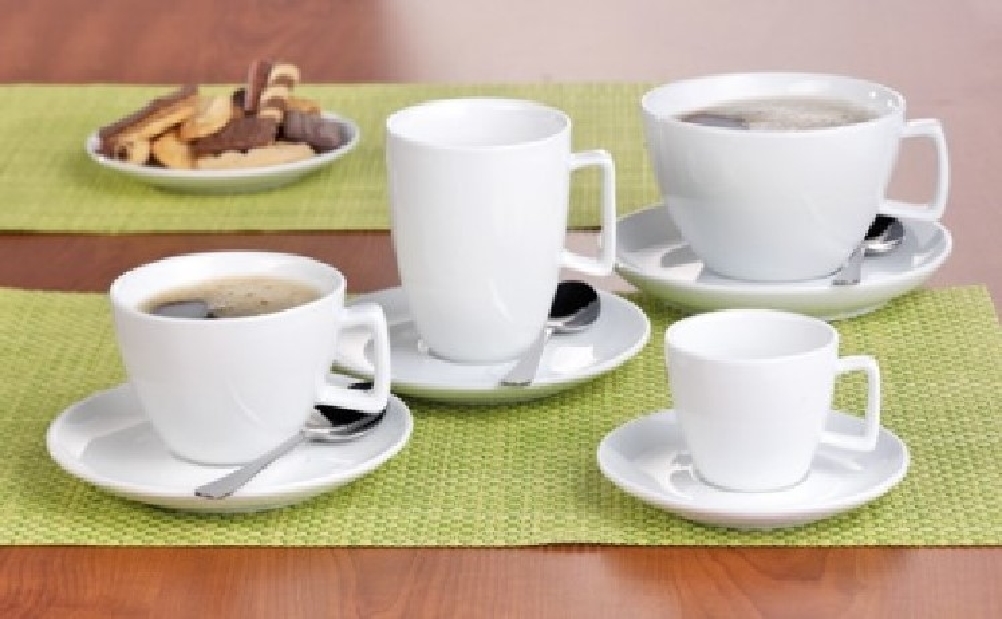 Kaffee-/Cappuccino-Tasse, Inhalt: 0,20 ltr., mit Untertasse, Form CREMA, UNI WEISS, Henkelform eckig, Höhe: 7,0 cm