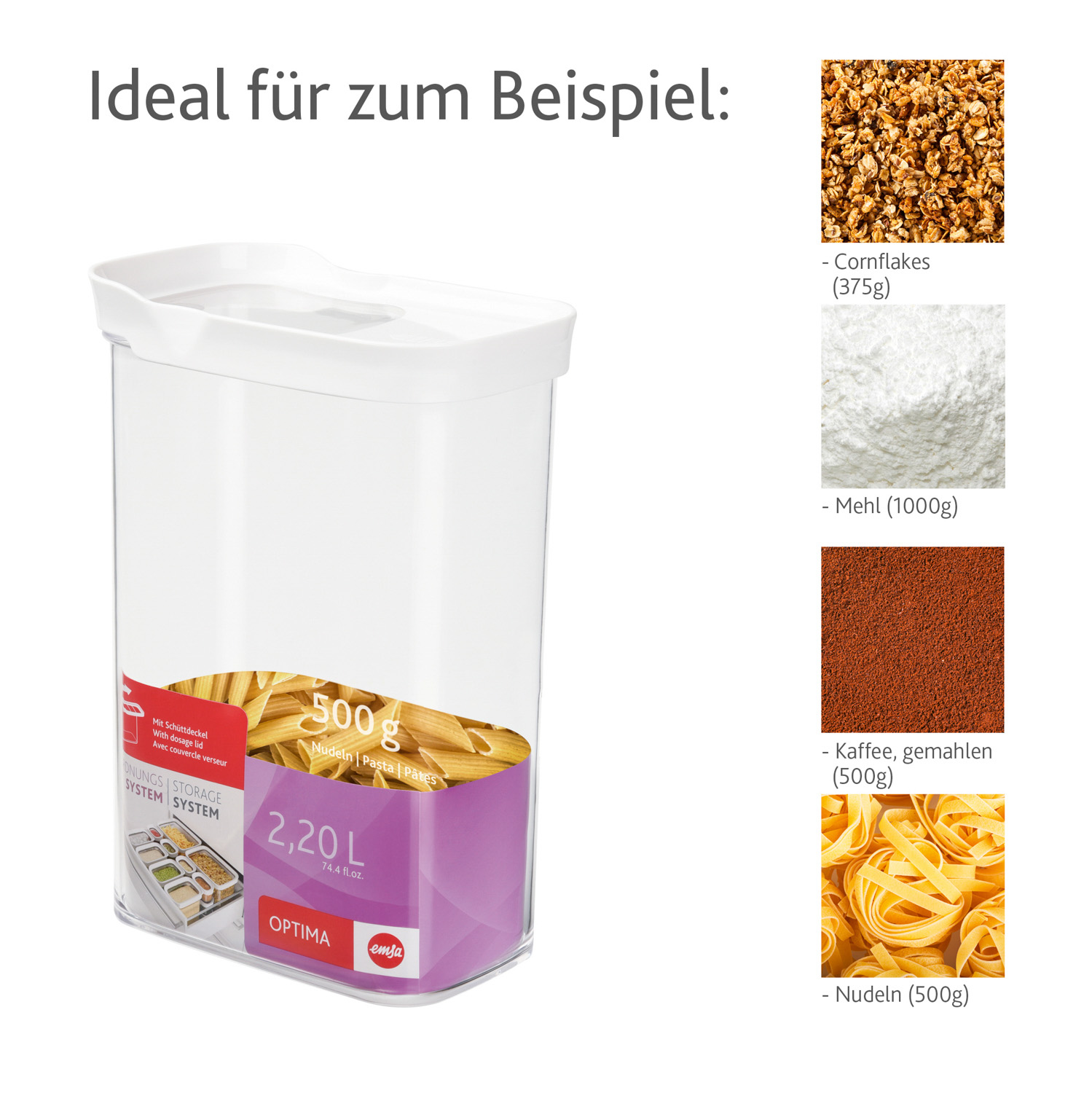 EMSA OPTIMA Schüttdose mit Schiebedeckel, Inhalt: 2,2 Liter, Farbe: weiß, transparent, Maße: 16 x 10 x 23,8 cm