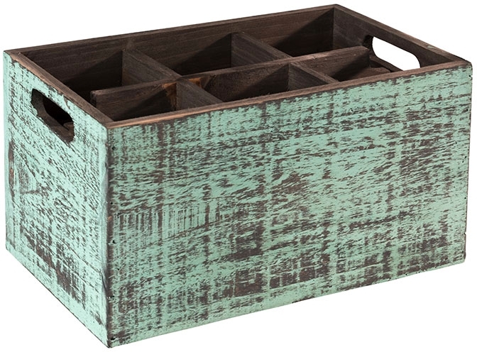 Table Caddy -VINTAGE- 27 x 17 cm, H: 16 cm Holz, türkis unterteilt in 6 Fächer Fachgröße je 7 x 7,5 cm Unterteilung herausnehmbar