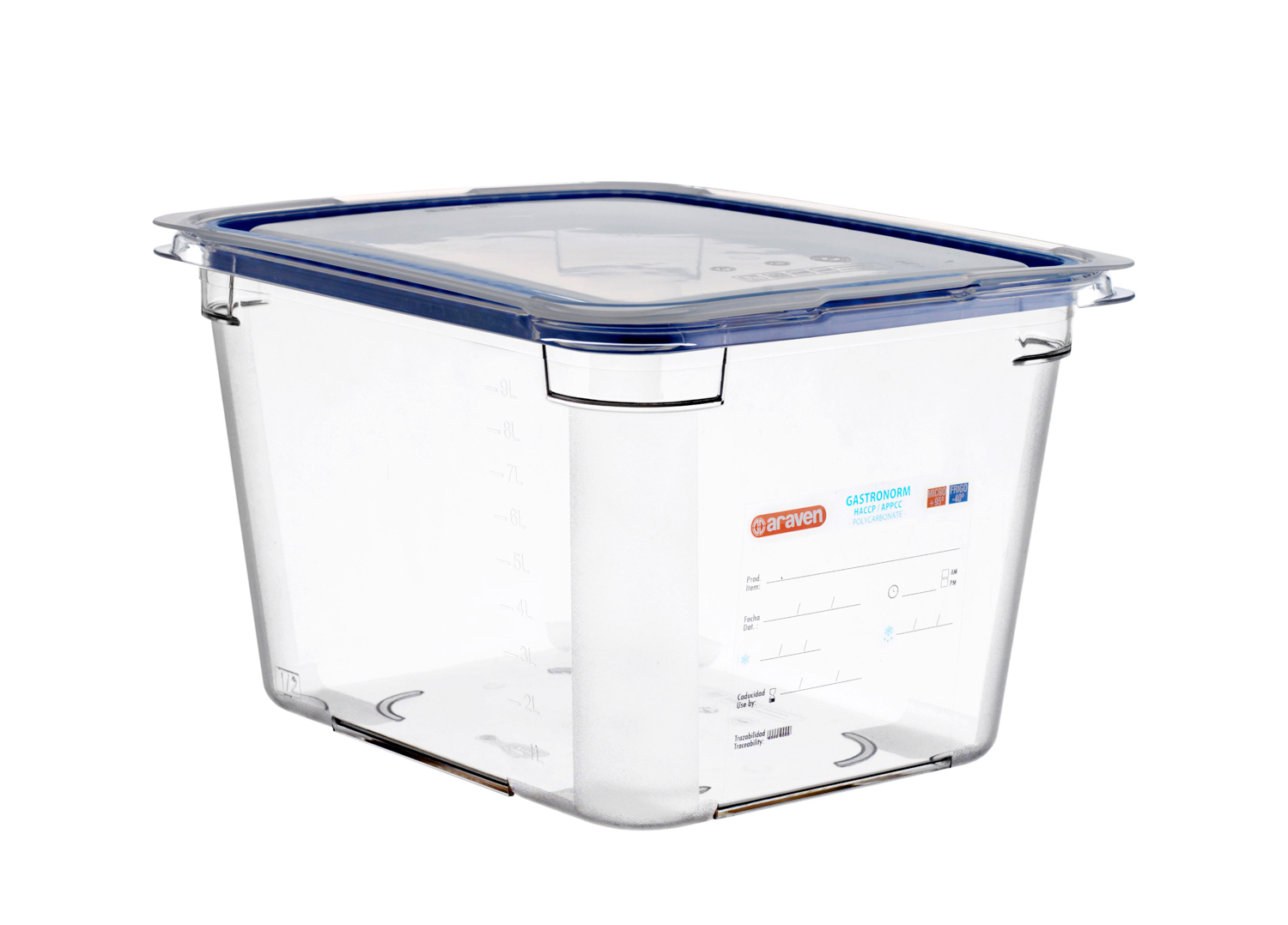 ARAVEN luftdichter Polycarbonat Behälter GN 1/2 200mm Höhe und 10,25 Liter Fassungsvermögen mit Deckel, durchsichtig