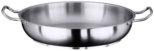 Bratpfanne / Paellapfanne aus Edelstahl 18/10, matt poliert, mit seitlichen Kaltgriffen und Schüttrand, 7 mm Sandwichboden,