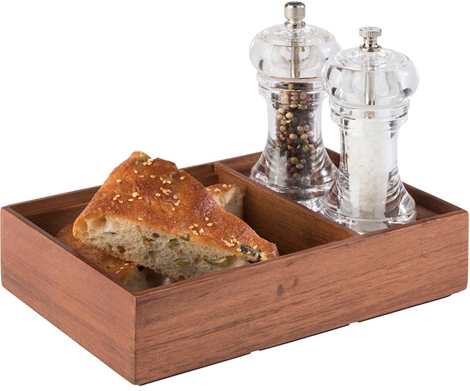 Holzbox -WOODY- 22,5 x 15 cm, H: 5,5 cm Akazienholz unterteilt in 2 Fächer: - 1. Fach: innen: 13,5 x 13 cm - 2. Fach: innen: