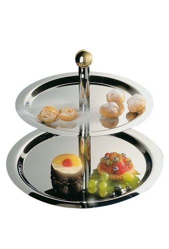 Etagère, 2-stufig -FINESSE- Ø 38/32 cm, H: 30 cm 18/0 Edelstahl Messing-Kugelgriff, Rohre hochglanzverchromt, einfache