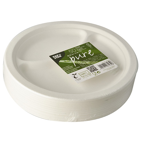 PAPSTAR 50 Teller, Zuckerrohr "pure" 2-geteilt Ø 23 cm · 2 cm weiss