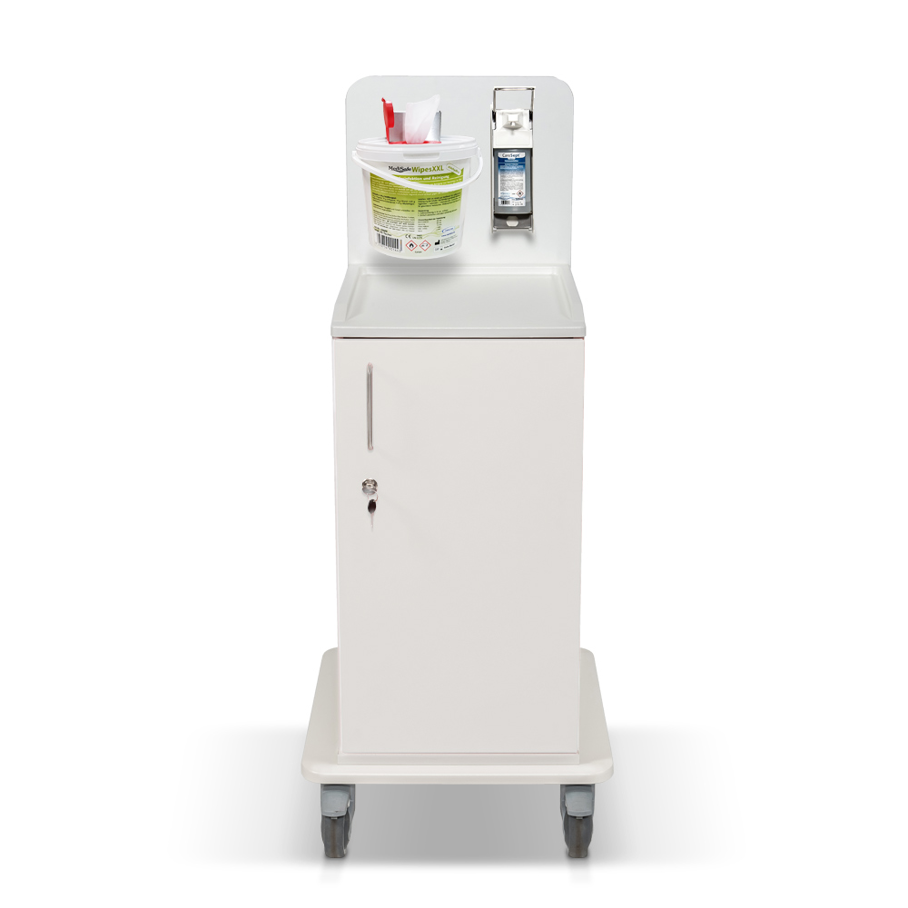 ETHERNASOLID® MULTICART Desinfektionswagen mit Spenderhalterung und Desinfektionsspender für 500-ml-Euroflaschen, weiß