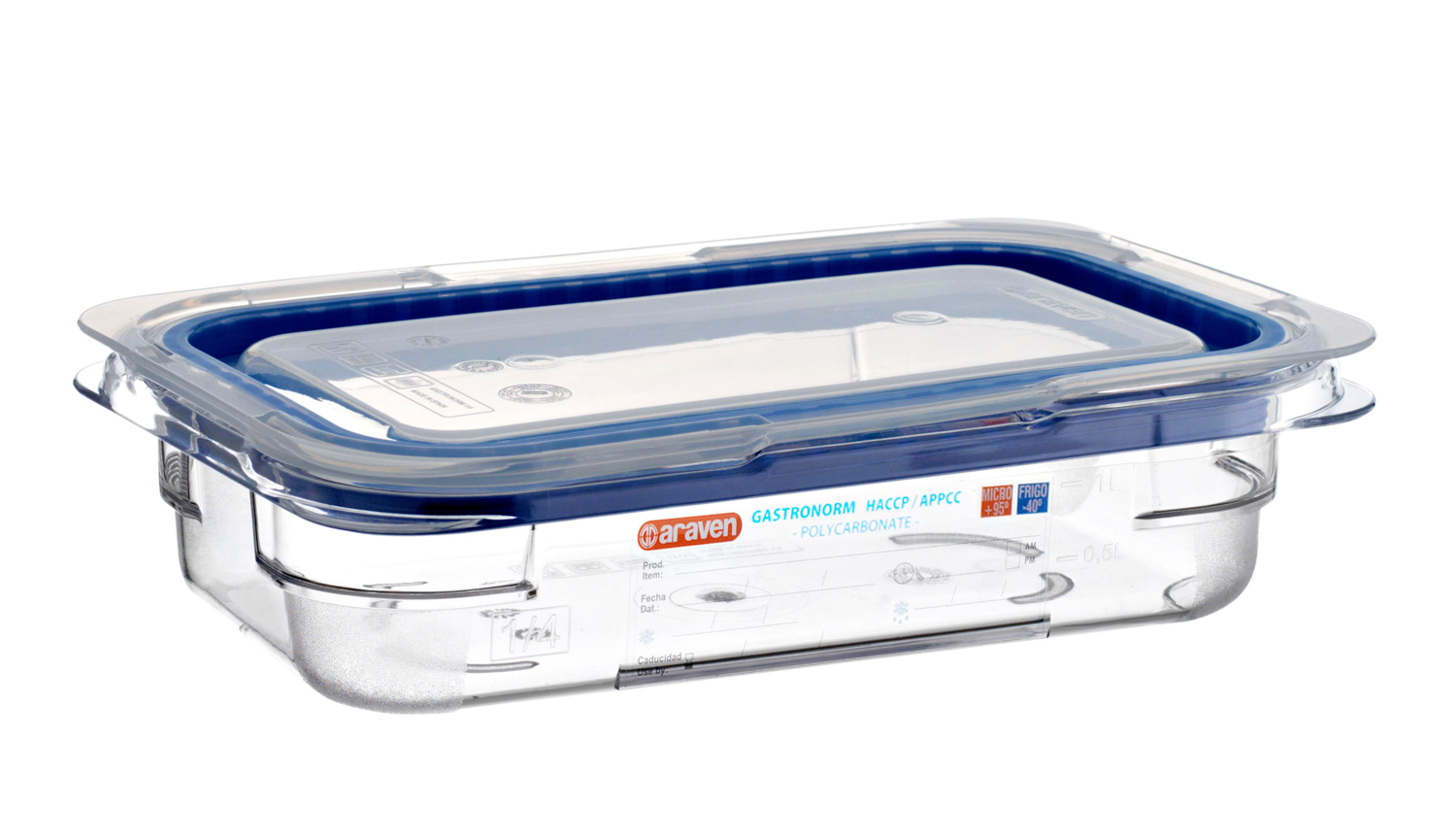 ARAVEN luftdichter Polycarbonat Behälter GN 1/4 65mm Höhe und 1,2 Liter Fassungsvermögen mit Deckel, durchsichtig
