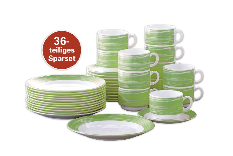 36-teiliges SPARSET BRUSH Green/ Grün, Hartglasgeschirr mit farbigem Dekor, stapelbar, spülmaschinengeeignet