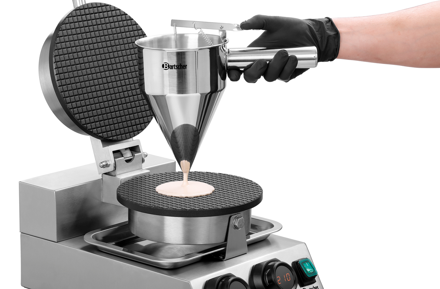 Bartscher Waffeleisen MDI Cone 2120 |Eigenschaften: Signalton nach Ablauf der Zeit (0- 9:30 Minuten) | Maße: 25,5 x 46 x 25,0 cm.