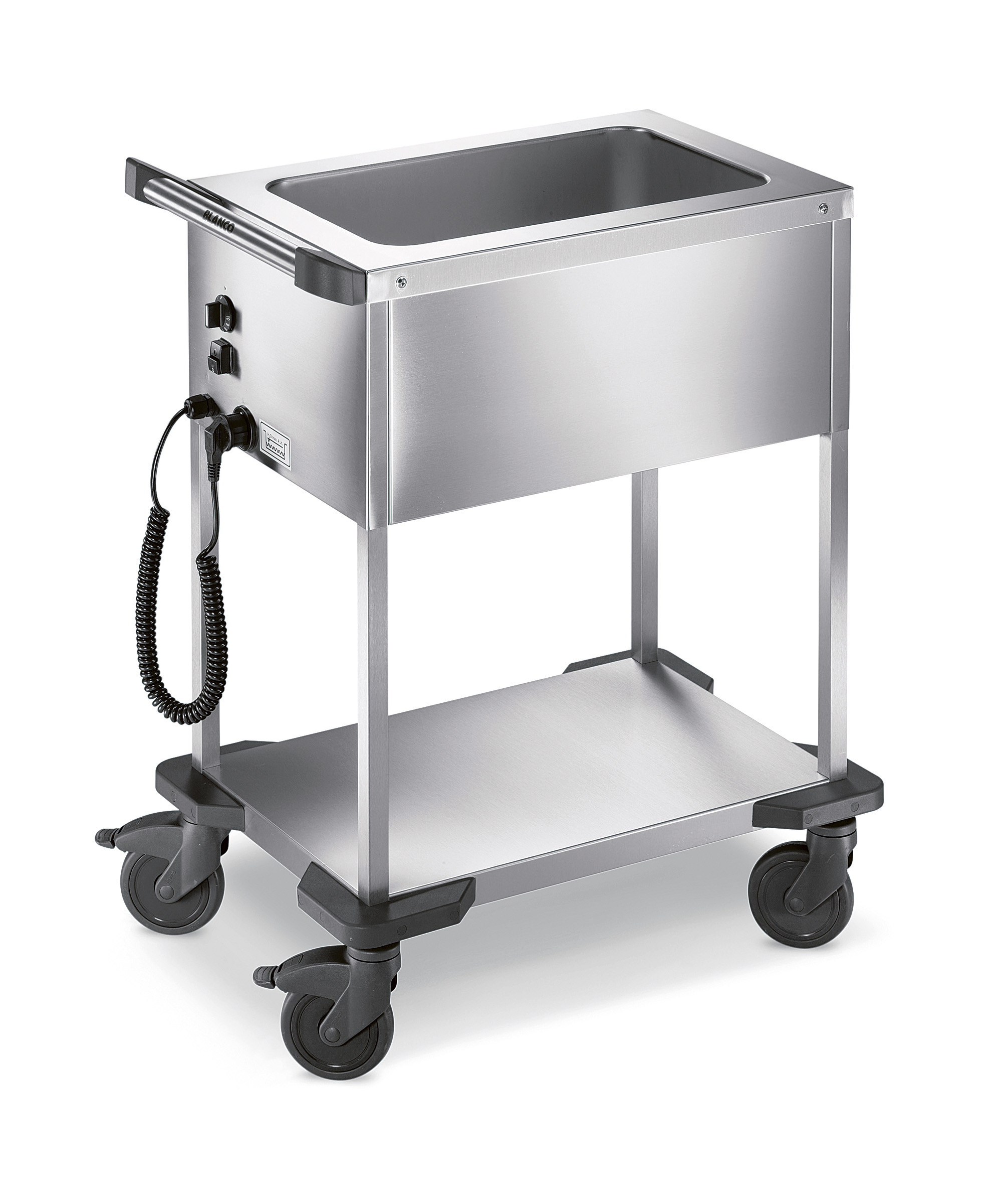 BLANCO Speisenausgabewagen aus rostfreiem Edelstahl, 1 Einzelbecken mit Temperaturregler, nass und trocken beheizbar, 4 Lenkrollen Ø 125