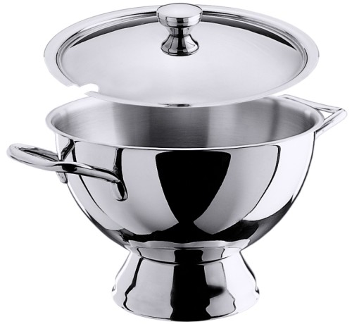 Suppenterrine mit Fuß aus Edelstahl 18/10, hochglänzend, schwere Qualität Volumen: 3,5 l, Durchmesser innen: 24 cm, Höhe: 15,5 cm