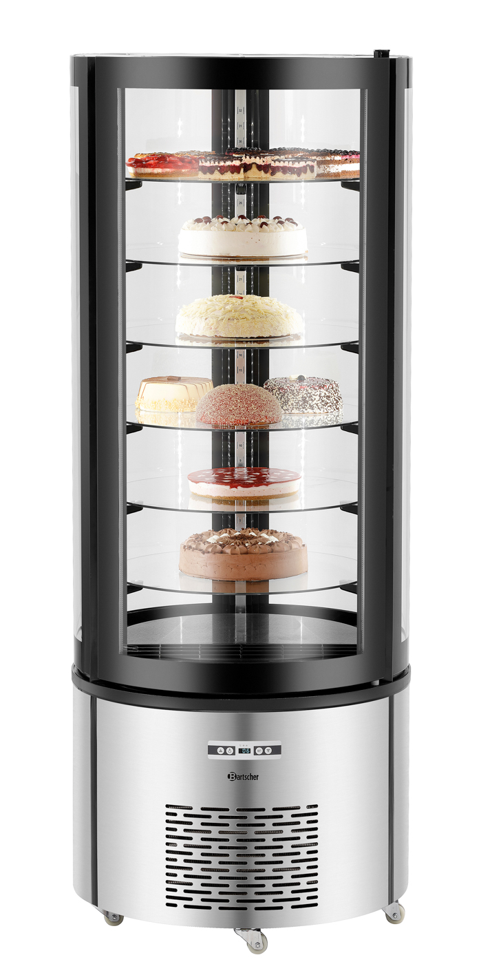 Bartscher Kuchenvitrine 400L | Art derVerglasung: Doppel-Verglasung ,Rundum-Verglasung| Maße: 68 x 68 x 175,0 cm. Gewicht: 130,4 kg