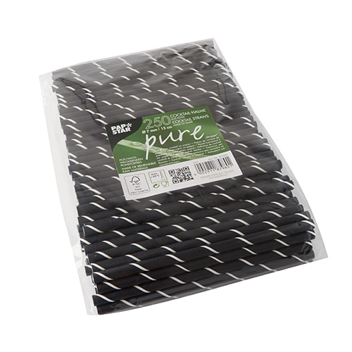 250 Cocktail Trinkhalme, Papier Ø 7 mm · 15 cm schwarz/weiss "Stripes" von PAPSTAR