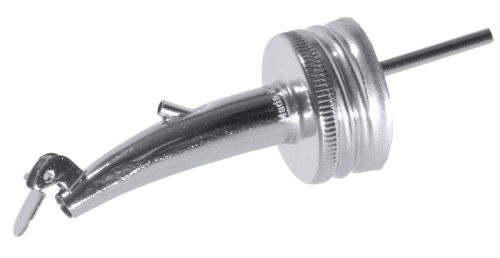 Flaschenausgießer, aufschraubbar aus silberfarben beschichtetem Messing, konisch zulaufendes Gießrohr, mit Kläppchen, zum