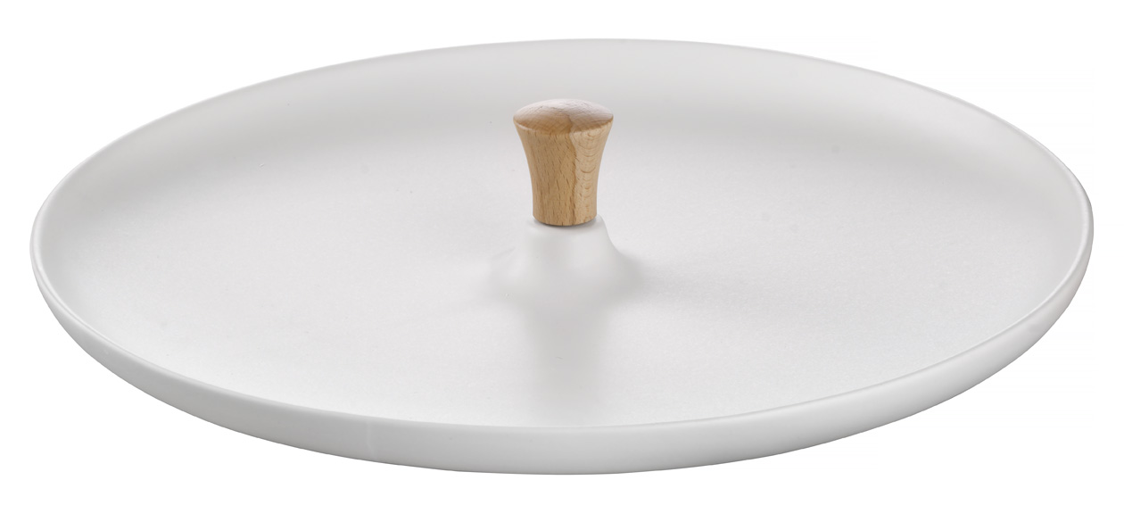 Große Servierplatte ARIADNE aus Keramik mit Holzgriff. Farbe: weiß, Maße 41x8,3 cm.