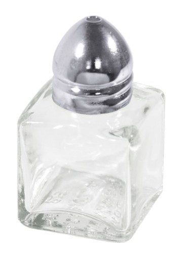 Ersatz-Pfefferstreuer zu Mini-Streuer Würfel aus klarem Pressglas, mit verchromten Messingkappen, /001  Pfeffer mit 1 Loch, /002