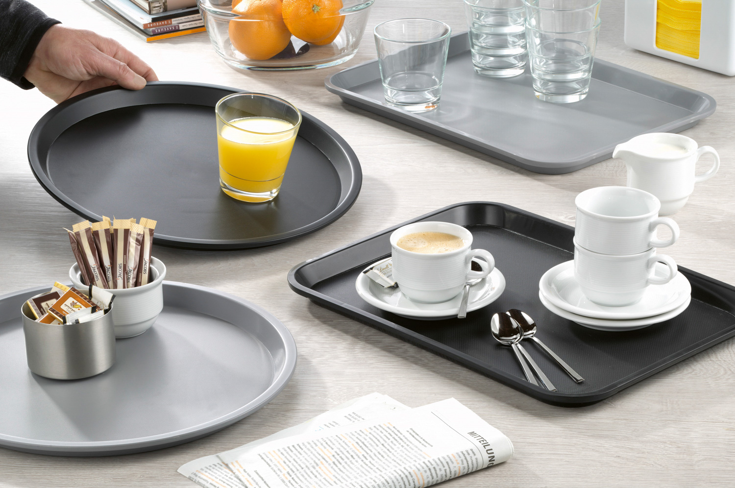 Serviertablett "OHIO", aus Kunststoff, Grau, rechteckig, Maße: ca. 41,5 x 30,5 cm, Höhe 2 cm, spülmaschinengeeignet, stapelbar,