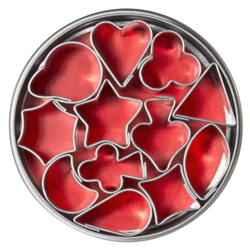 Garnier-Ausstecher (Set à 12 Stück sortiert) aus Weißblech, komplett in einer Weißblech-Dose Größe: 16 mm - 22 mm, Höhe: 20 mm