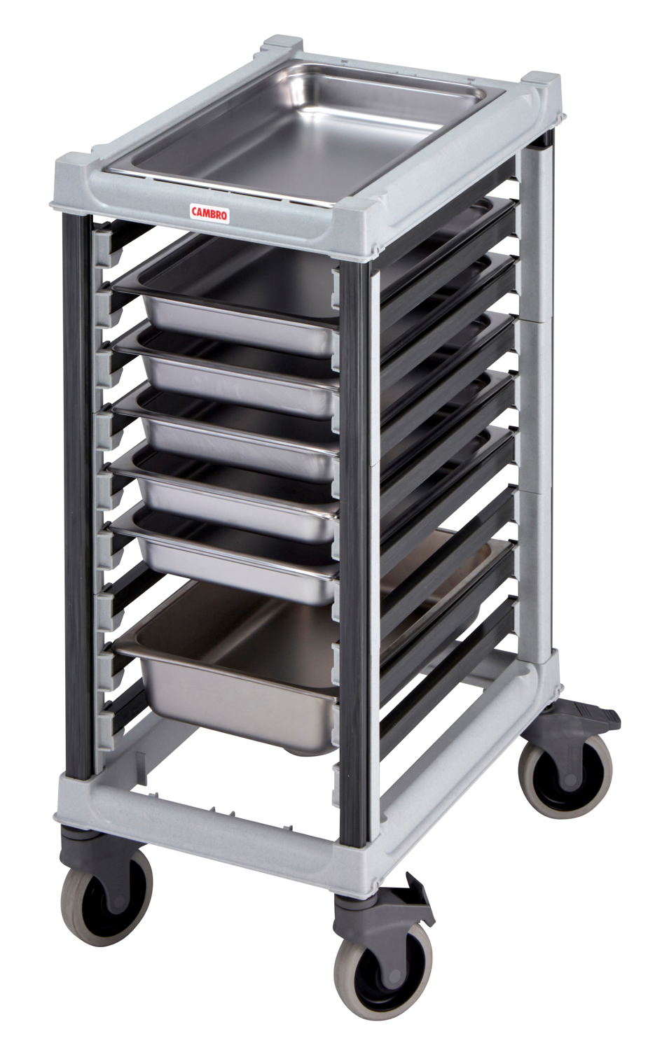 CAMBRO Camshelving® GN 1/1 Speiseschalenregal mit 9 GN 1/1 Einschüben unmontiert, grau