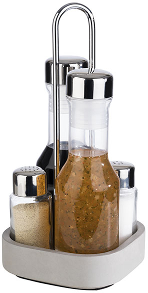 Menage -ELEMENT- 12,5 x 12,5 cm, H: 25 cm Set bestehen aus: - Basis, Beton Metall, verchromt Pfeffer- und Salzstreuer Essig-