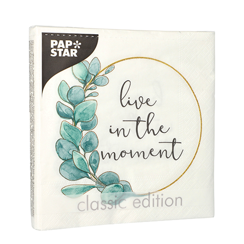 20 Servietten, 3-lagig 1/4-Falz 33 cm x 33 cm "Live in the Moment" von PAPSTAR