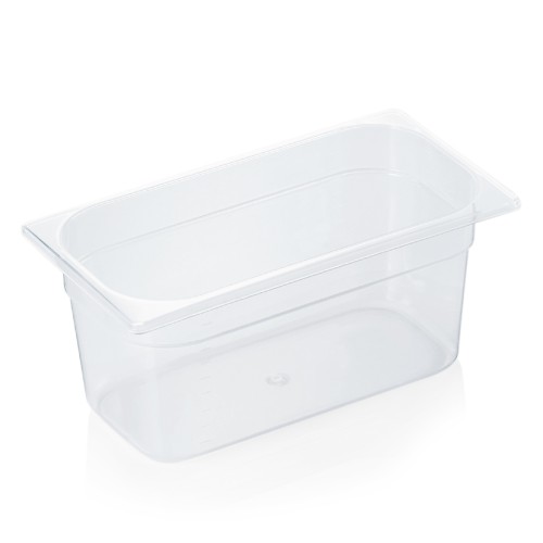 GN 1/3 Behälter, BPA frei, Deckel fest schließend, Behälter und Deckel können mit HACCP Clips farbig markiert werden, mit Skalierung.