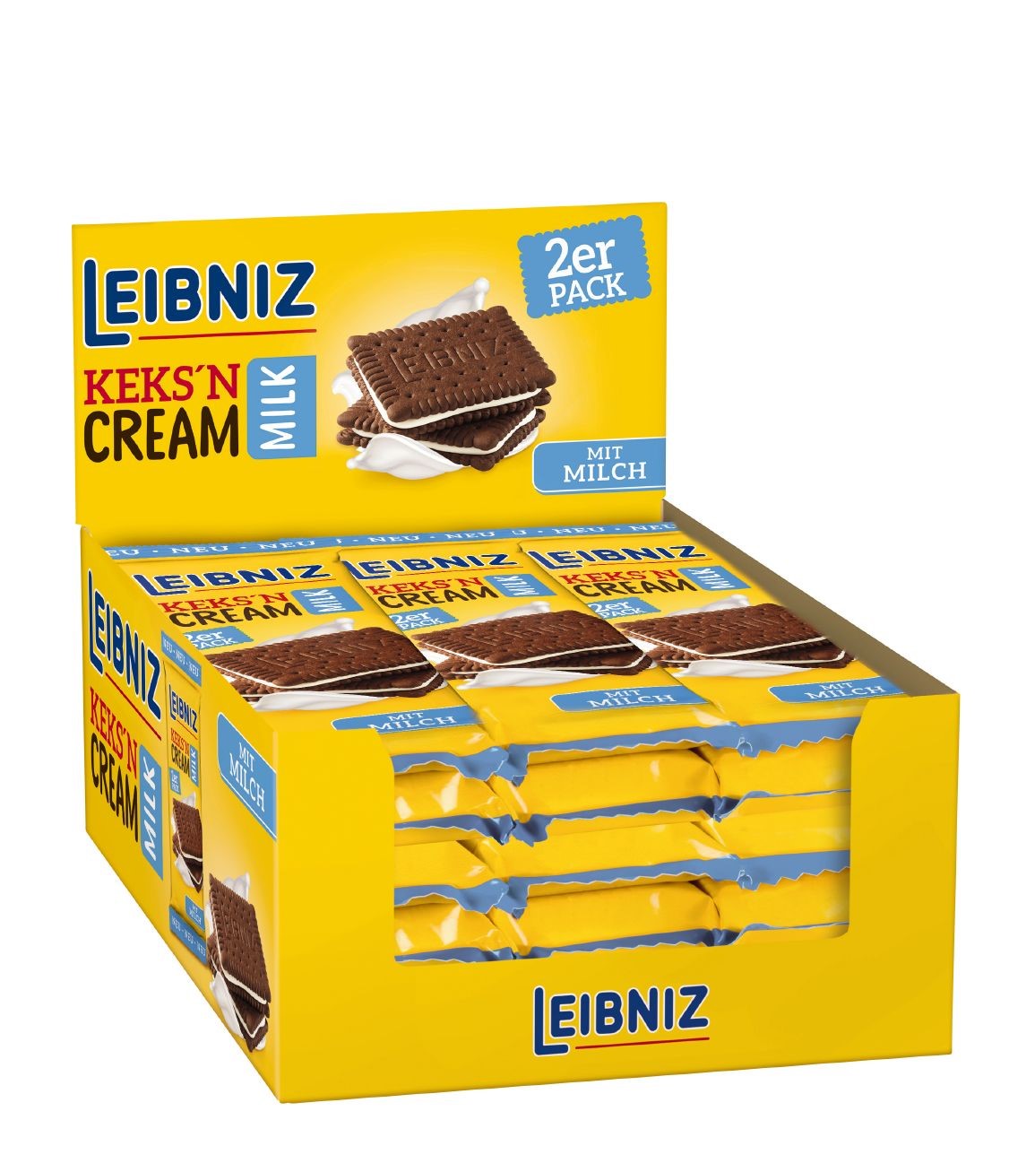 Leibniz Keksn Cream Milk 2er Pack 18 Snack Packs à 38 g im Thekendisplay.