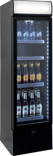 SARO Getränkekühlschrank mit Werbetafel - schmal, Modell DK 105 - Material: (Gehäuse und Innenraum) PCM beschichtet schwarz - Tür
