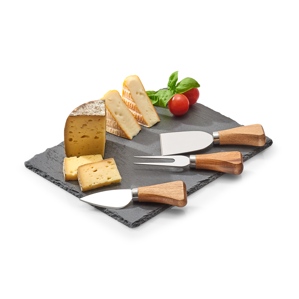 Käse-Servier-Set, Schiefer; Edelstahl 420; Kautschuk Holz, 24x18 cm. Farbe: schwarz. Servieren Sie Ihren Käse stilvoll mit dem