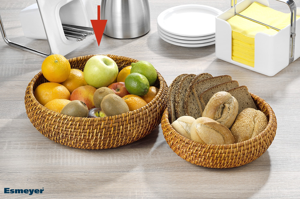 Korb RONDIVA, rund, 34,5 cm Durchmesser. Aus Bambus und Rattan, stabile Ausführung, bauchige Form. Höhe ca. 10,5 cm.