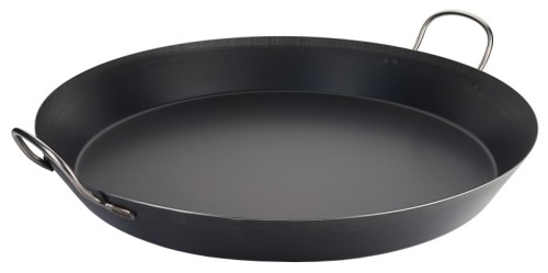 Paella-Eisenpfanne aus gebläutem Stahl, Materialstärke 1,5 mm, mit ungeschwärzten Griffen, induktionsgeeignet, schwere Qualität