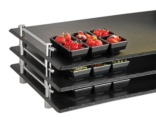 GN 1/1 Tablett 53 x 32,5 cm, H: 6 cm Melamin, schwarz, Schieferlook verchromte Griffe, inkl. fest verschraubten