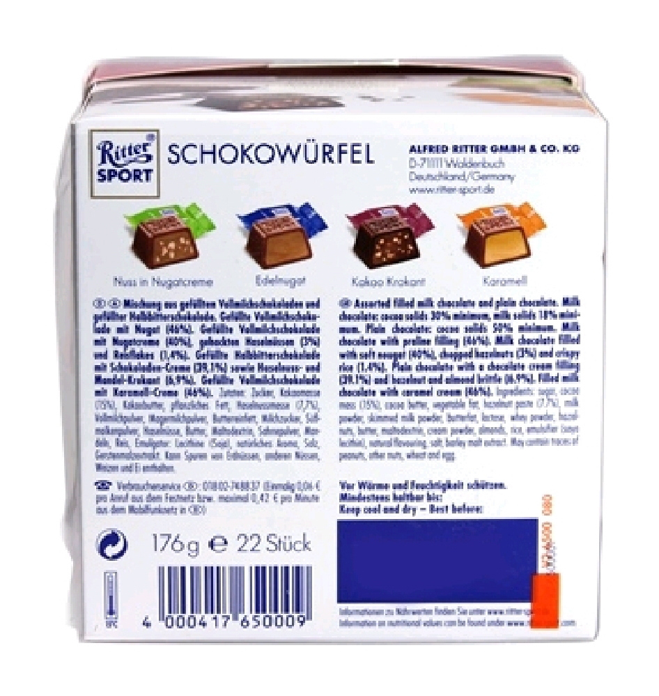 Ritter Sport Schokoladenwürfel Schokogruss 176G Inhalt: 22 Stück.