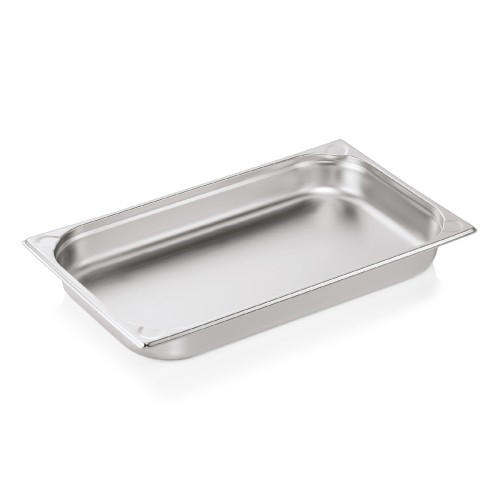 GN 1/1 Behälter, Materialstärke 0,6 mm, Randverstärkung durch geprägte U-Ecken. Material: Chromnickelstahl. Serie: GN 76. Inhalt in Litern: