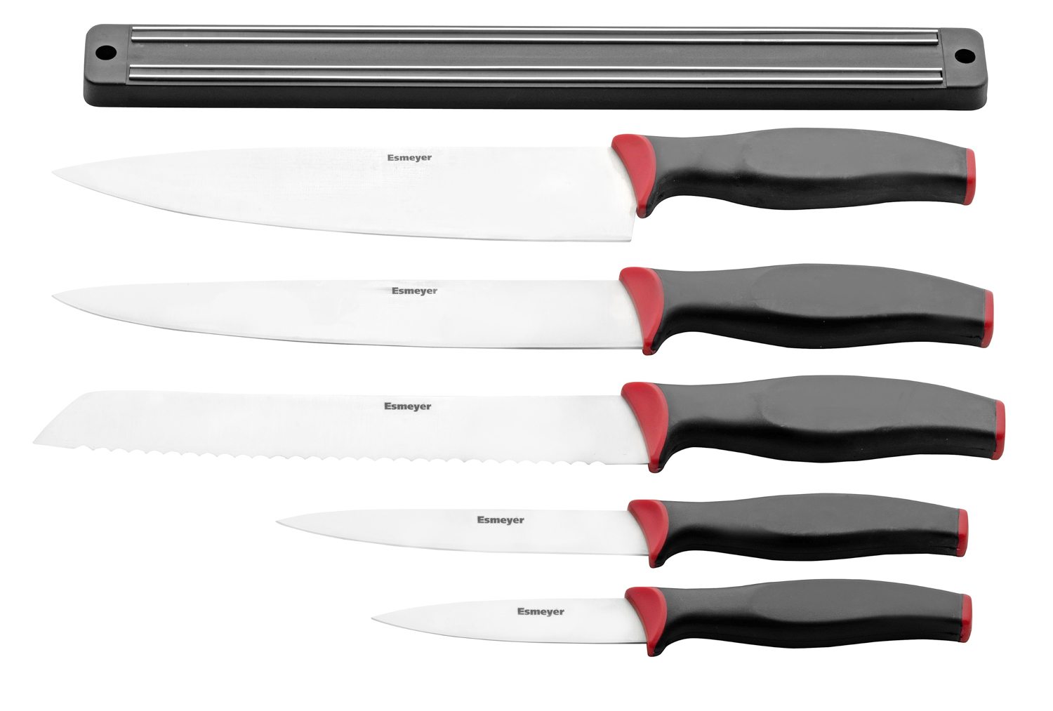 5-tlg. Messerset AUREA Klingen aus Spezialstahl, mit Kunststoff Griffen an magnetischer Hängeleiste.
