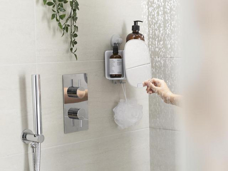 Joseph Joseph EasyStore Kompakte Duschablage mit verstellbarem Spiegel – Weiß