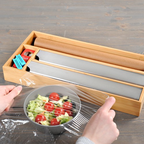 Kesper Folienspender mit 4 Fächern, aus FSC- zertifiziertem Bambus. Maß: 42 x 19 x 5,4 cm