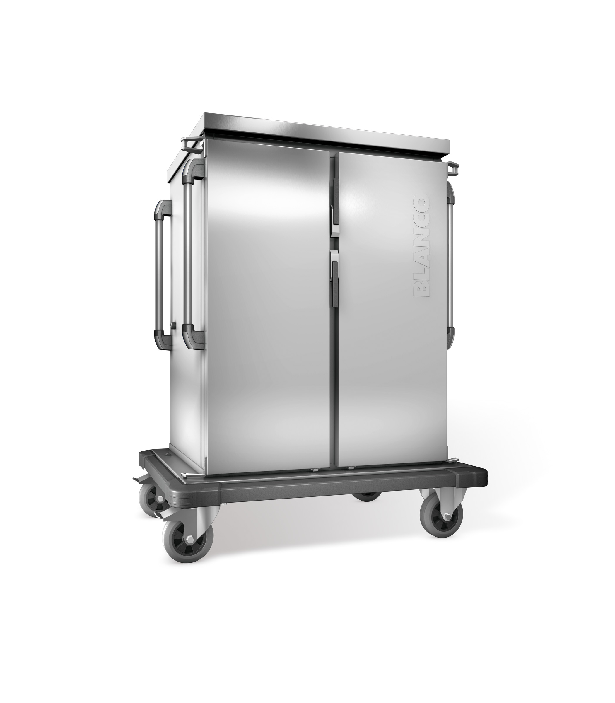 BLANCO Tablett-Transportwagen, doppelwandig, isoliert, 2 Flügeltüren / 2 Schrankräume, 4 stahlverzinkte Rollen Ø 160 mm, 2 Bockrollen und 2
